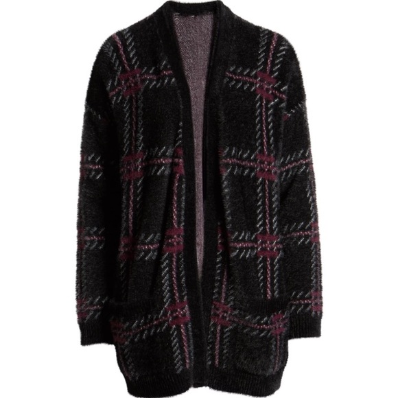 1. State Plaid Eyelash Open Front Cardigan Sweater - Picture 5 of 11